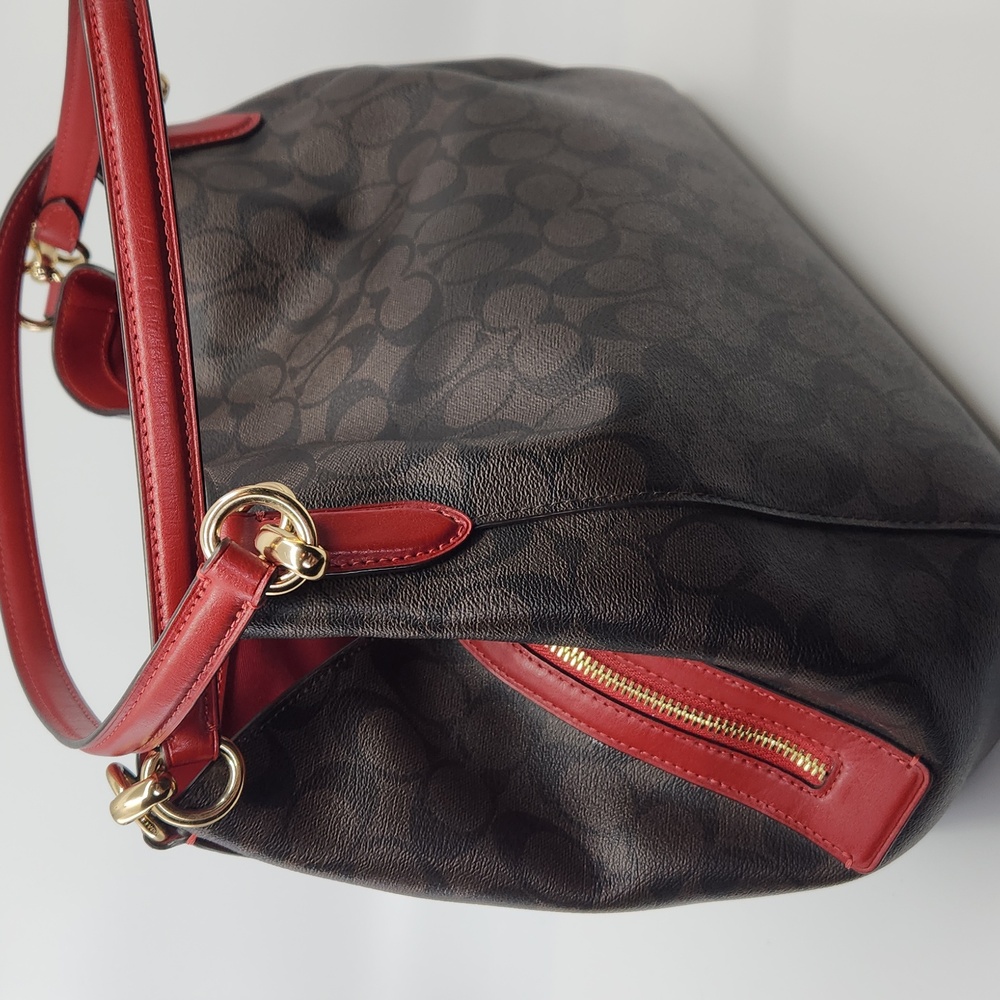 Coach Brown Signature Canvas Shoulder Bag with Red Trim - Picture 4 of 11